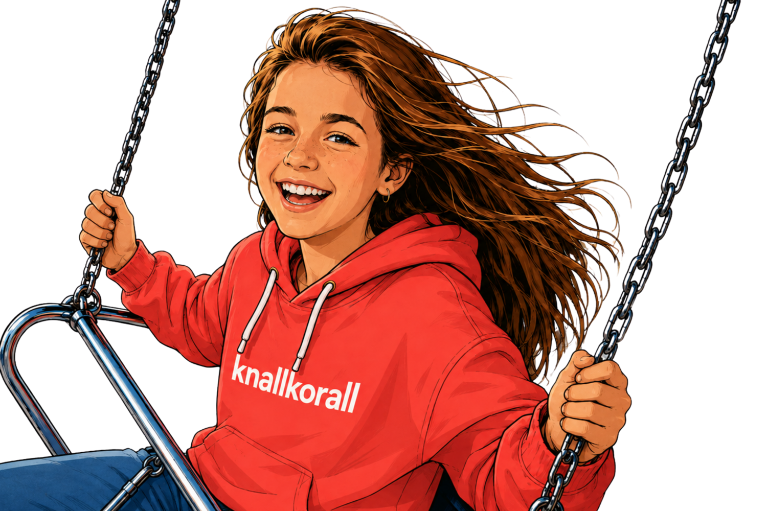 Mädchen auf einer Schaukel im Knallkorall-Hoodie
